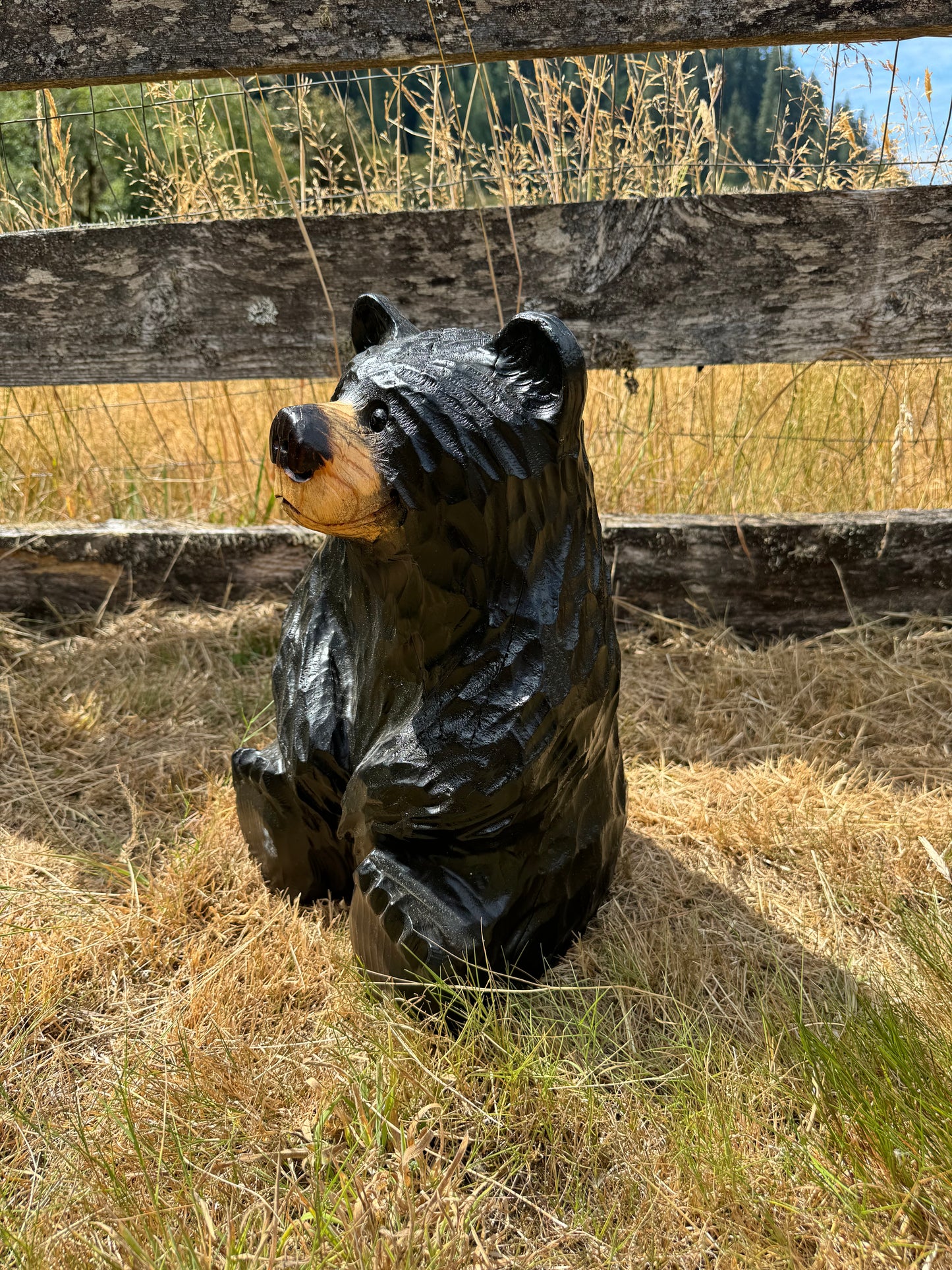 Handcrafted Wood Carved Sitting Bear - 15 Inches Tall, Looking Straight Ahead - Black