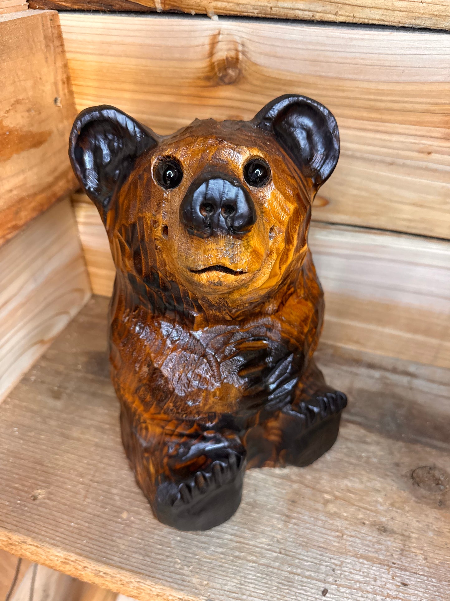 Wood Carved Sitting Bear 12" - Brown