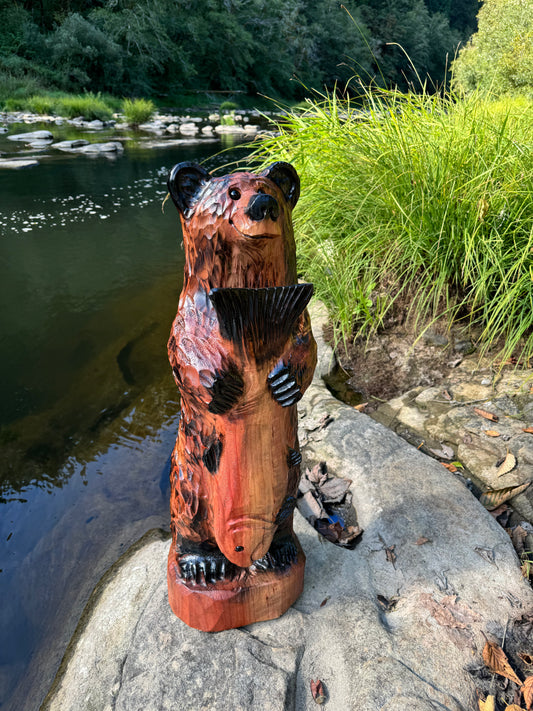 Wood Carved Bear with Fish 30" - Brown