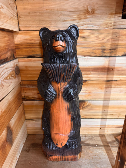 Wood Carved Bear with Fish 30" - Black