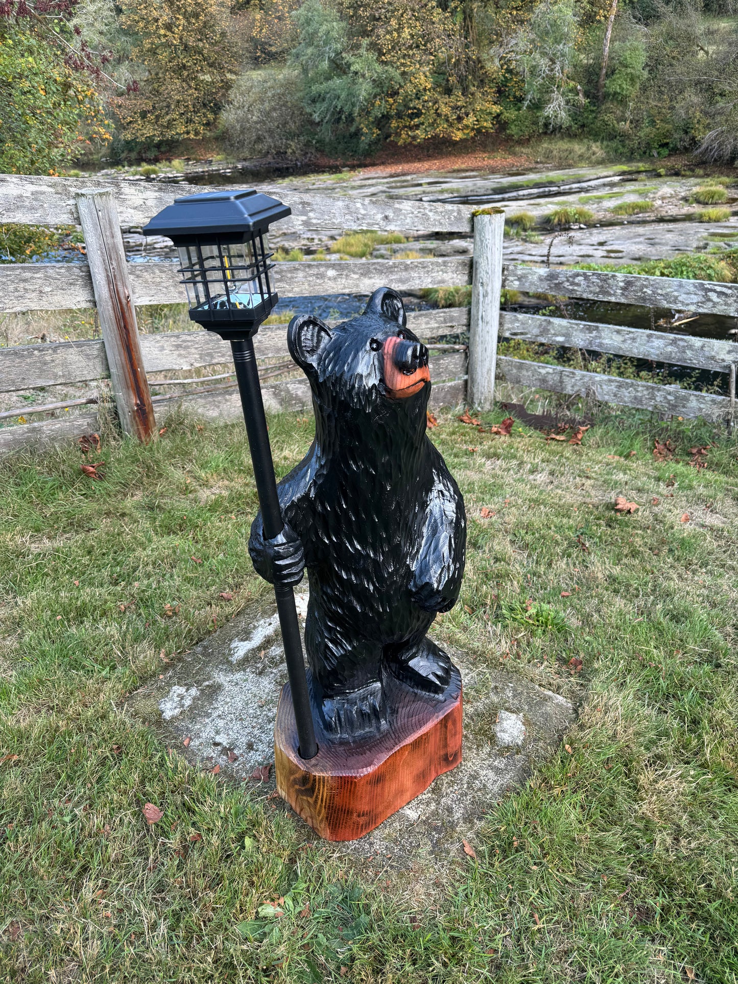 40" Wood Carved Bear with Lantern - Black