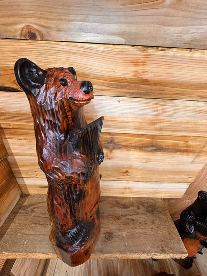 Handcrafted Wooden Bear with Fish 30" - Brown