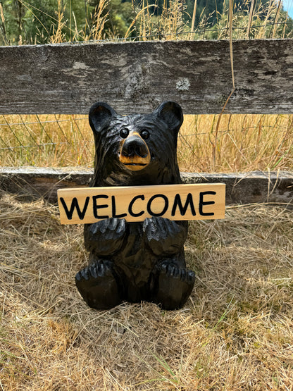 Wood Carved Bear Holding Sign 15" - Customizable - Black