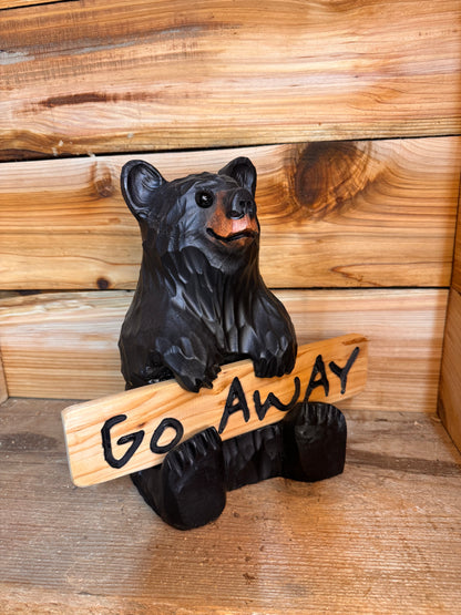 Wood Carved Bear Holding Welcome, Reversible Sign 11''- Customizable
