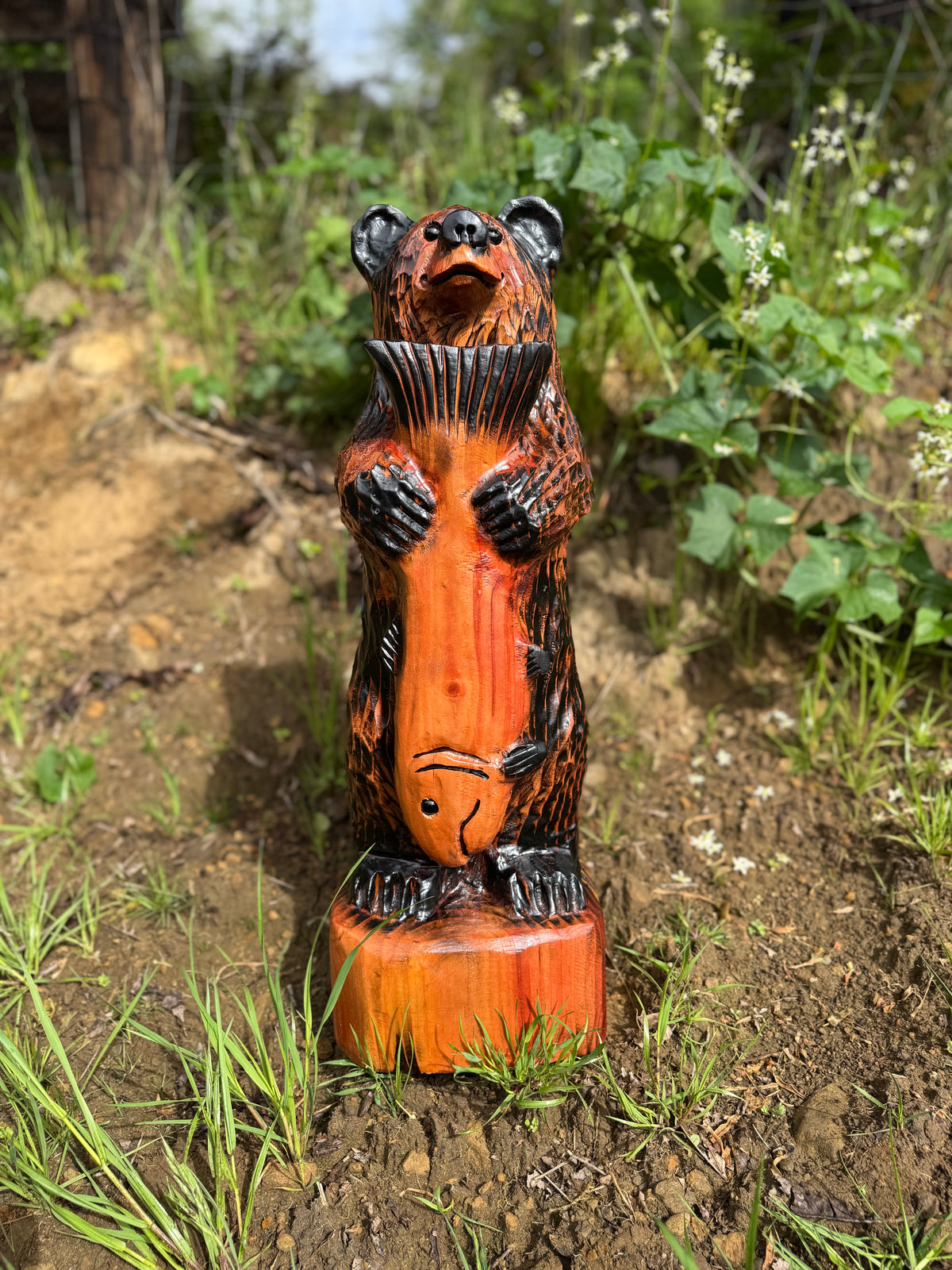 Handcrafted Wooden Bear with Fish 24" - Brown