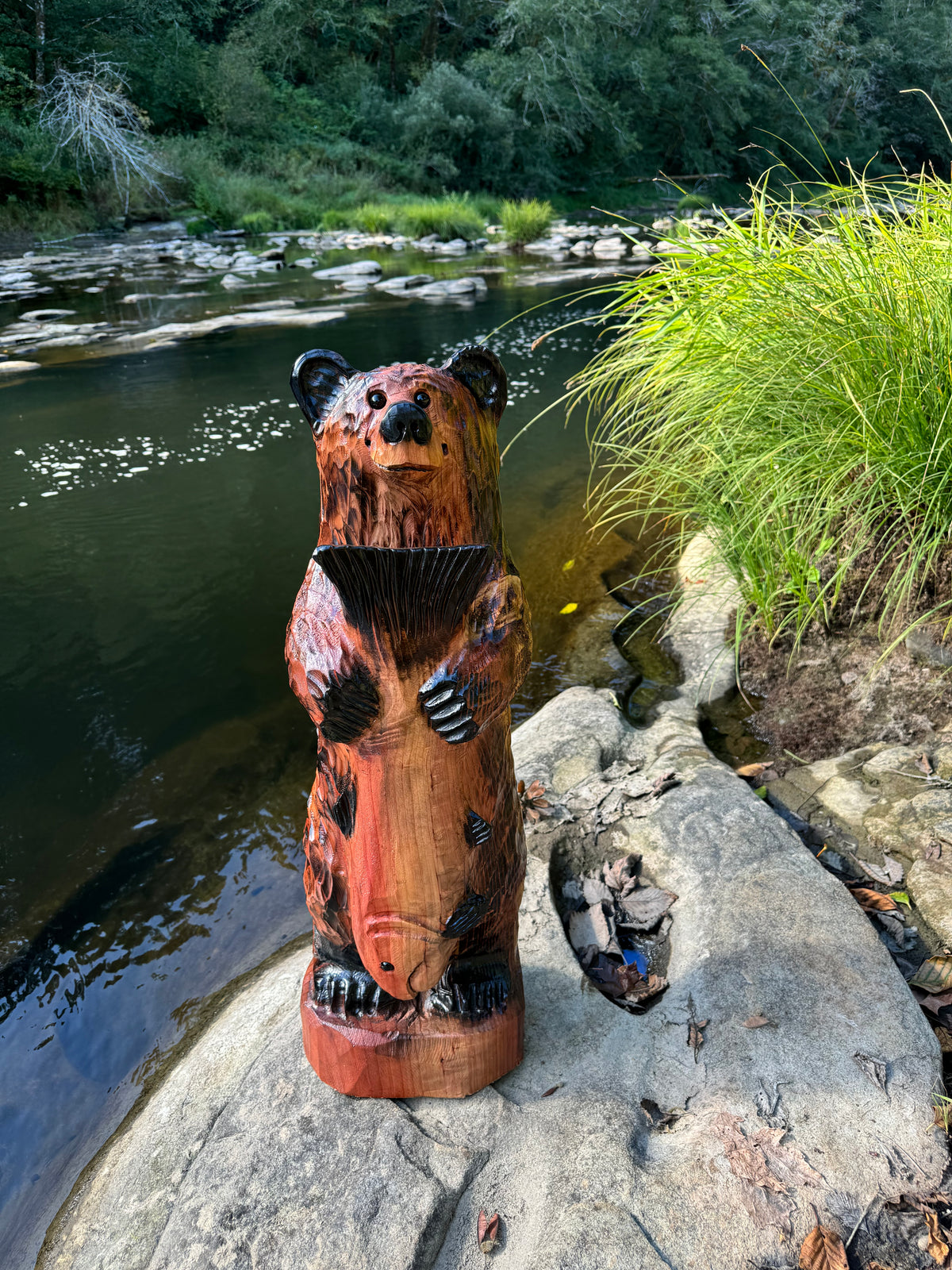 Wood Carved Bear with Fish 30" - Brown