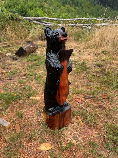 Wood Carved Black Bear and Fish - 36 inches
