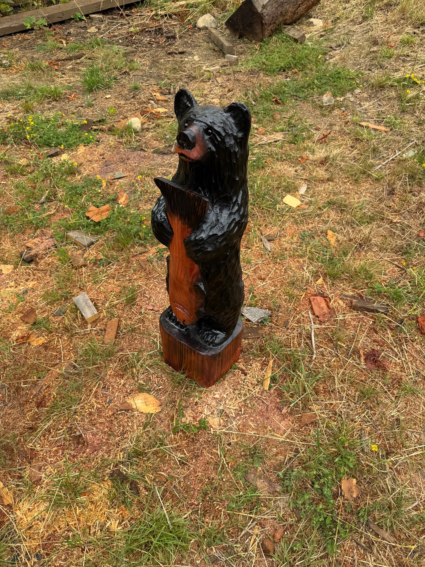 Wood Carved Black Bear and Fish - 36 inches