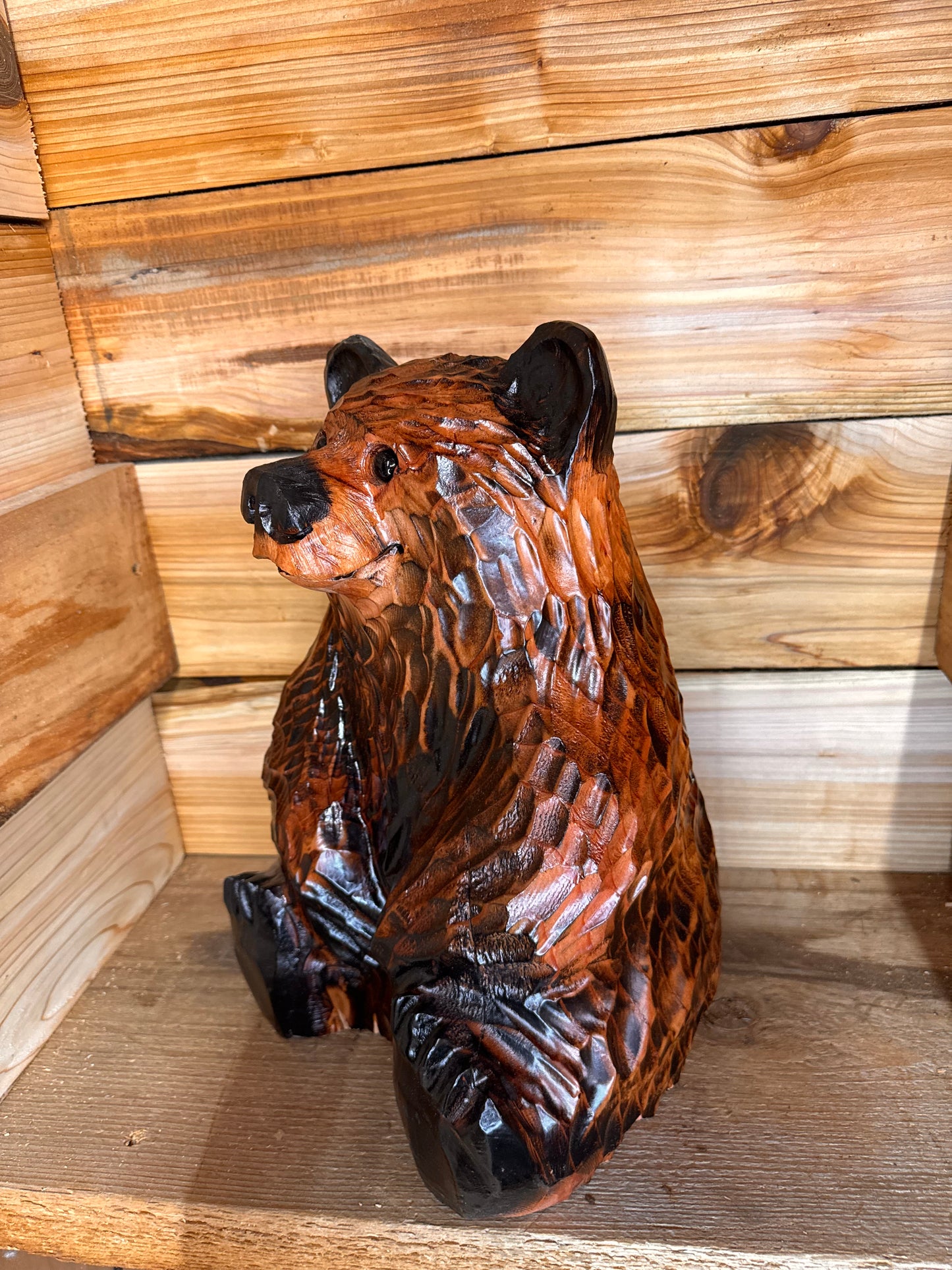 Handcrafted Wood Carved Sitting Bear - 15 Inches Tall, Looking Straight Ahead - Brown