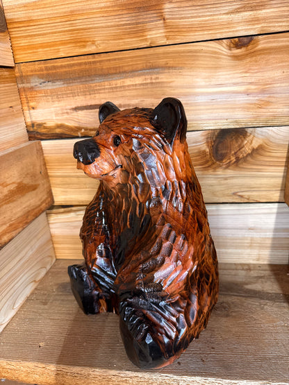 Handcrafted Wood Carved Sitting Bear - 15 Inches Tall, Looking Straight Ahead - Brown