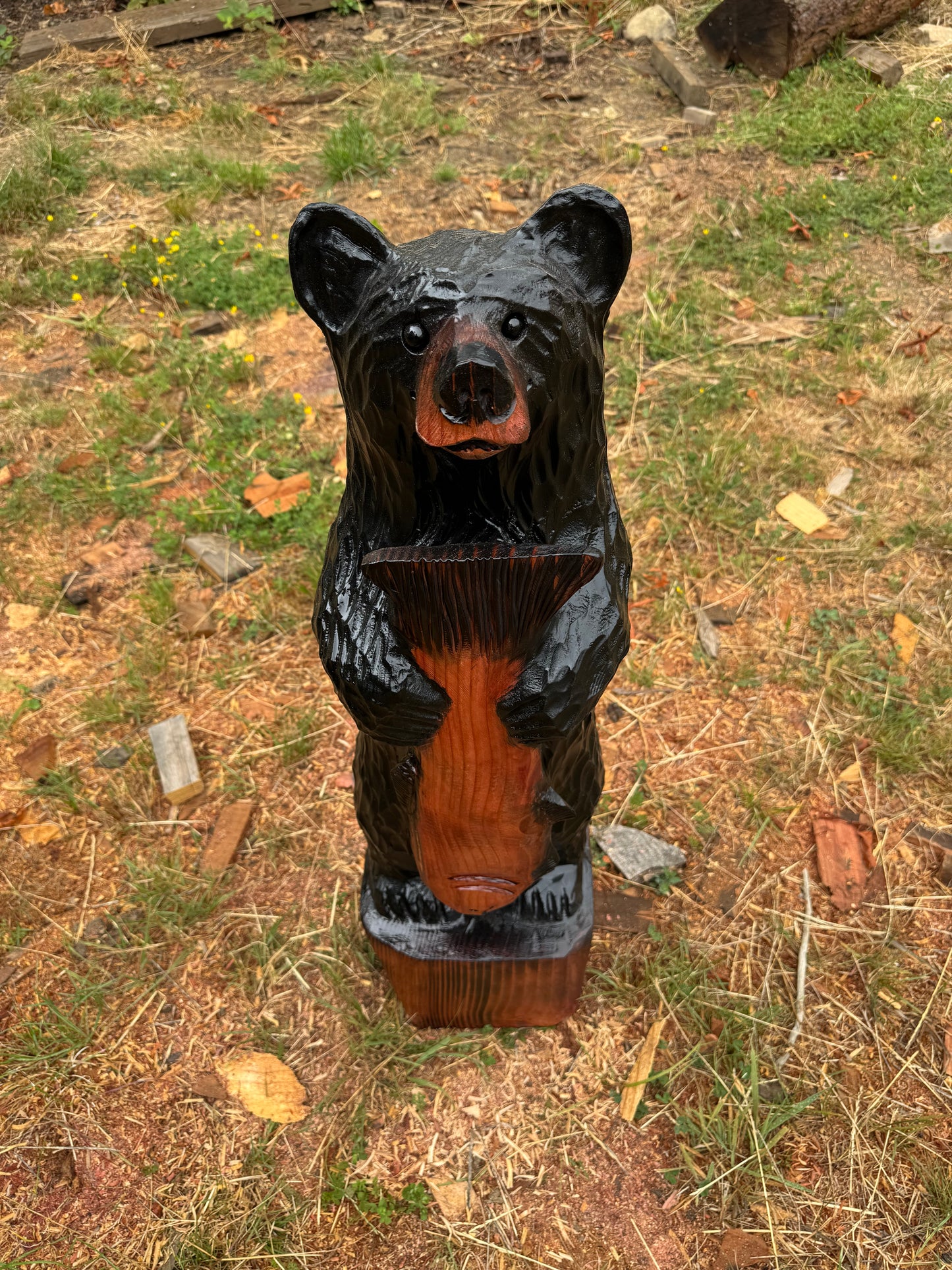 Wood Carved Black Bear and Fish - 36 inches