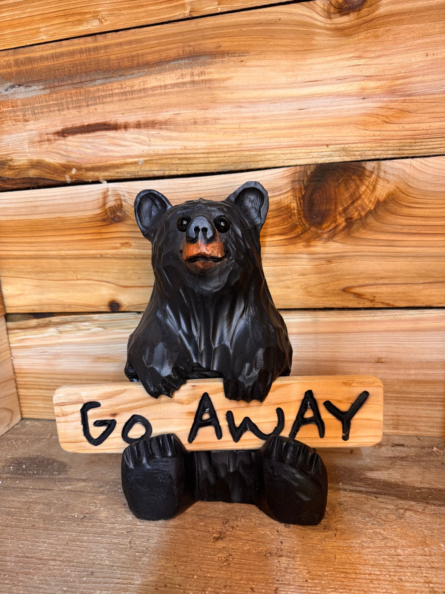 Wood Carved Bear Holding Welcome, Reversible Sign 11''- Customizable