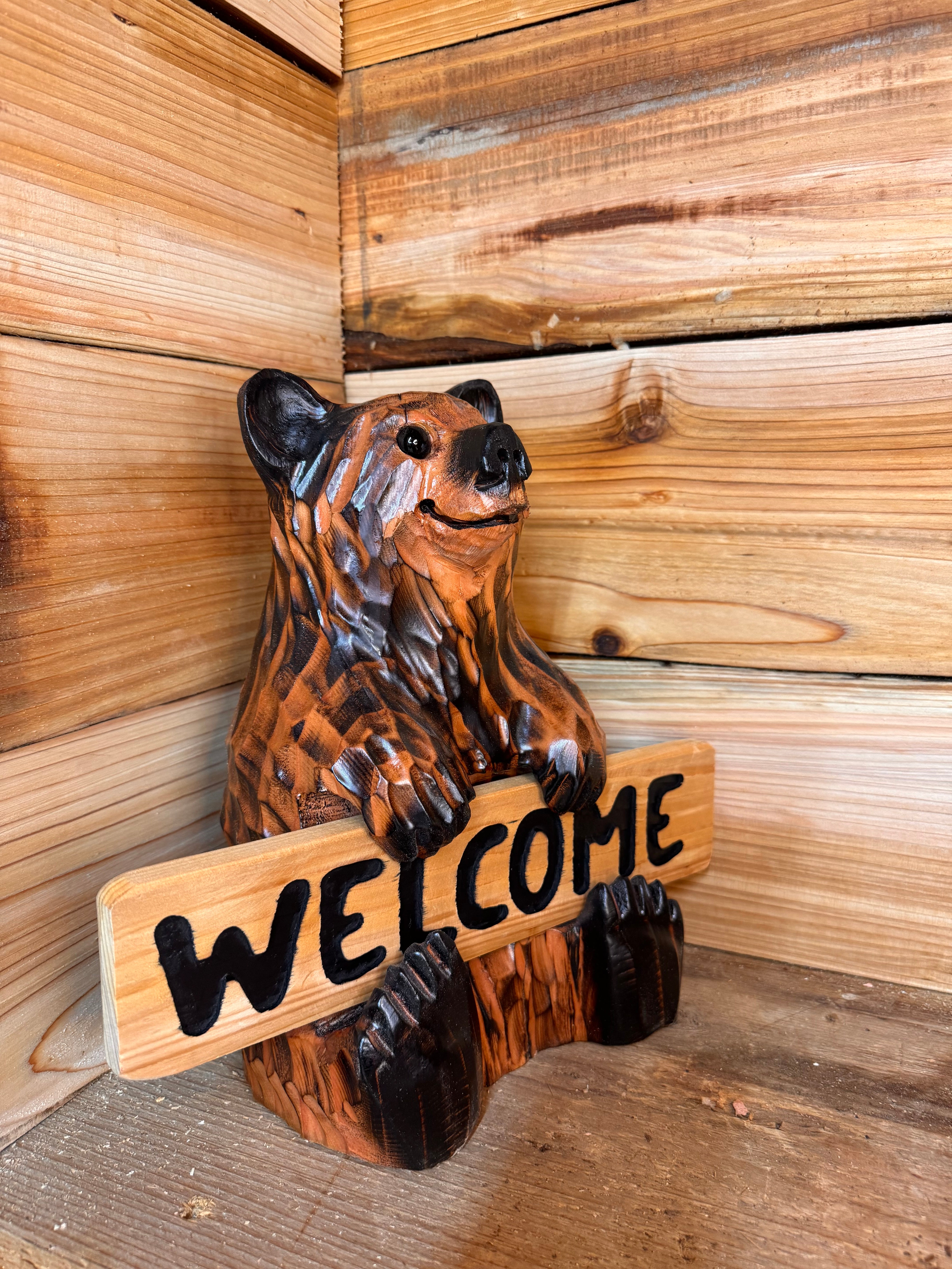Chainsaw Carved Sitting Brown Bear with Reversible Sign – 11" Giant Sequoia Redwood