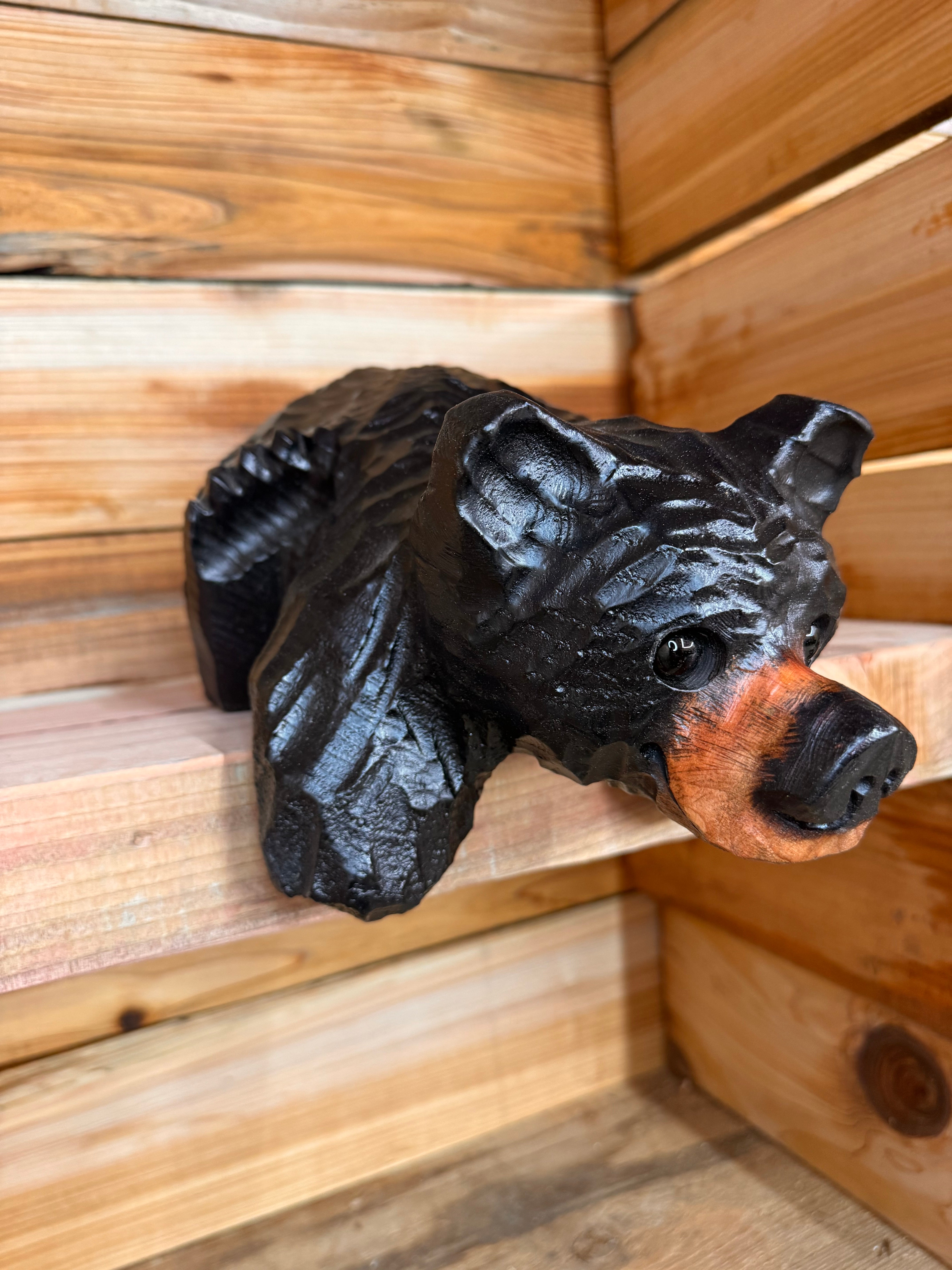Chainsaw Carved Black Hanging Ledge Bear – 15" Giant Sequoia Redwood