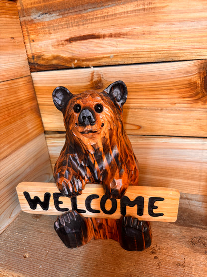 Wood Carved Bear Holding Welcome, Reversible Sign 11''- Customizable