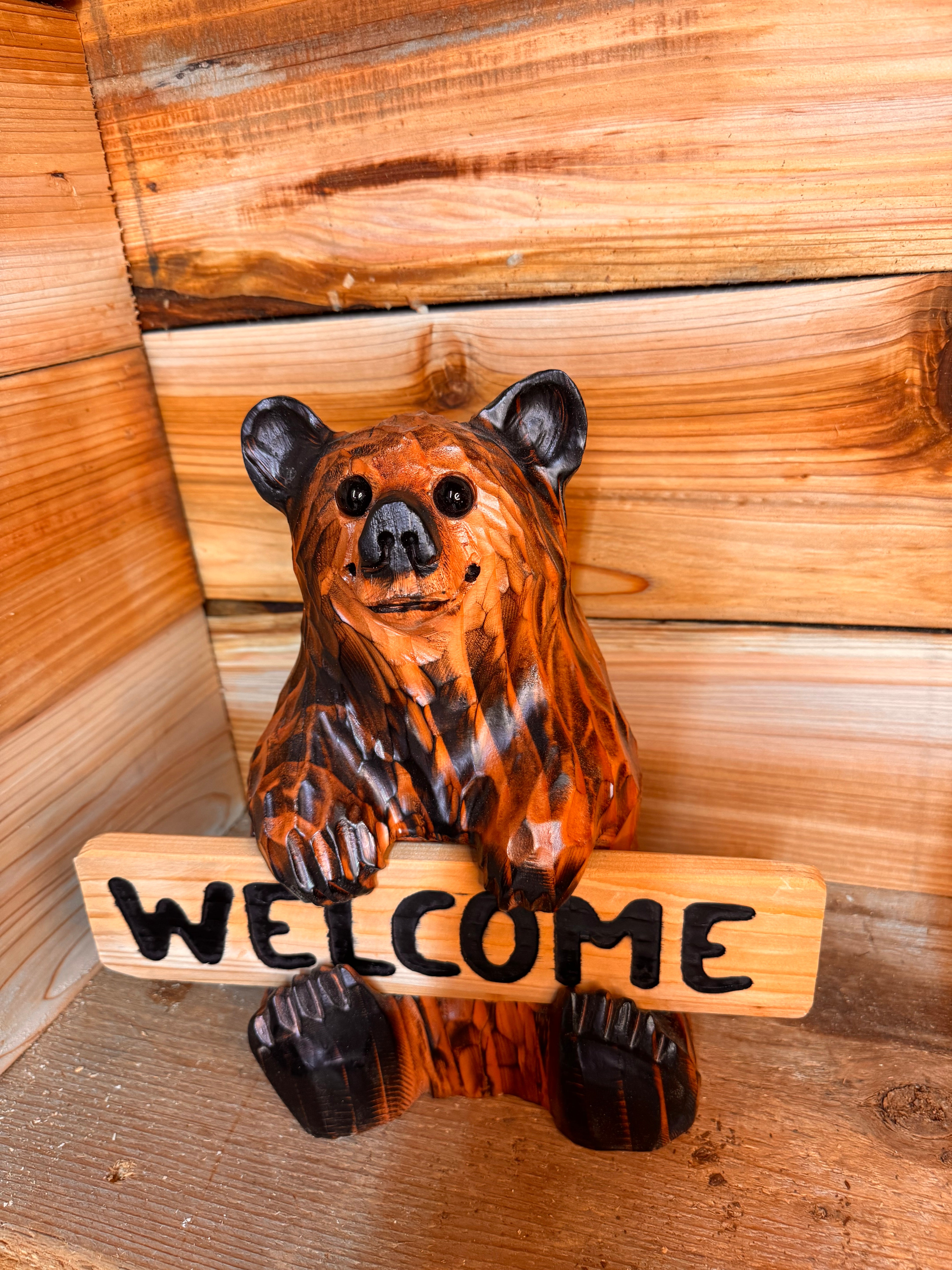 Chainsaw Carved Sitting Brown Bear with Reversible Sign – 11" Giant Sequoia Redwood