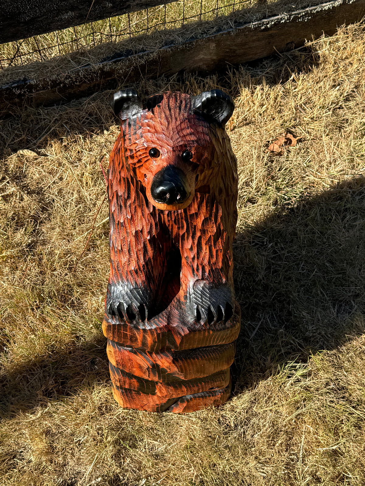 32-Inch Bear Carving on Rock Base – Hand-Carved Wood Sculpture