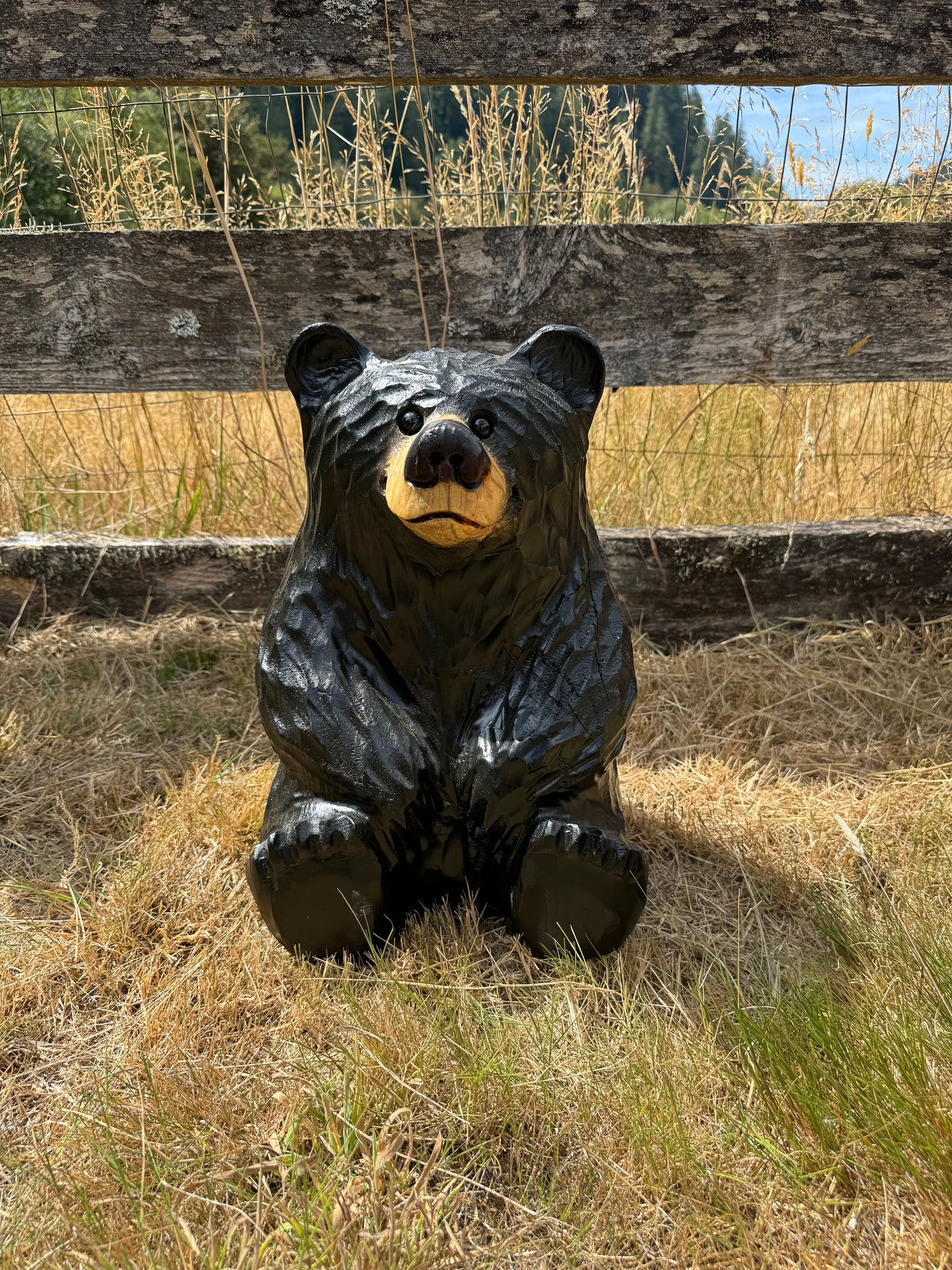 Handcrafted Wood Carved Sitting Bear - 15 Inches Tall, Looking Straight Ahead - Black