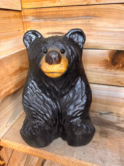 Handcrafted Wood Carved Sitting Bear - 15 Inches Tall, Looking Straight Ahead - Black