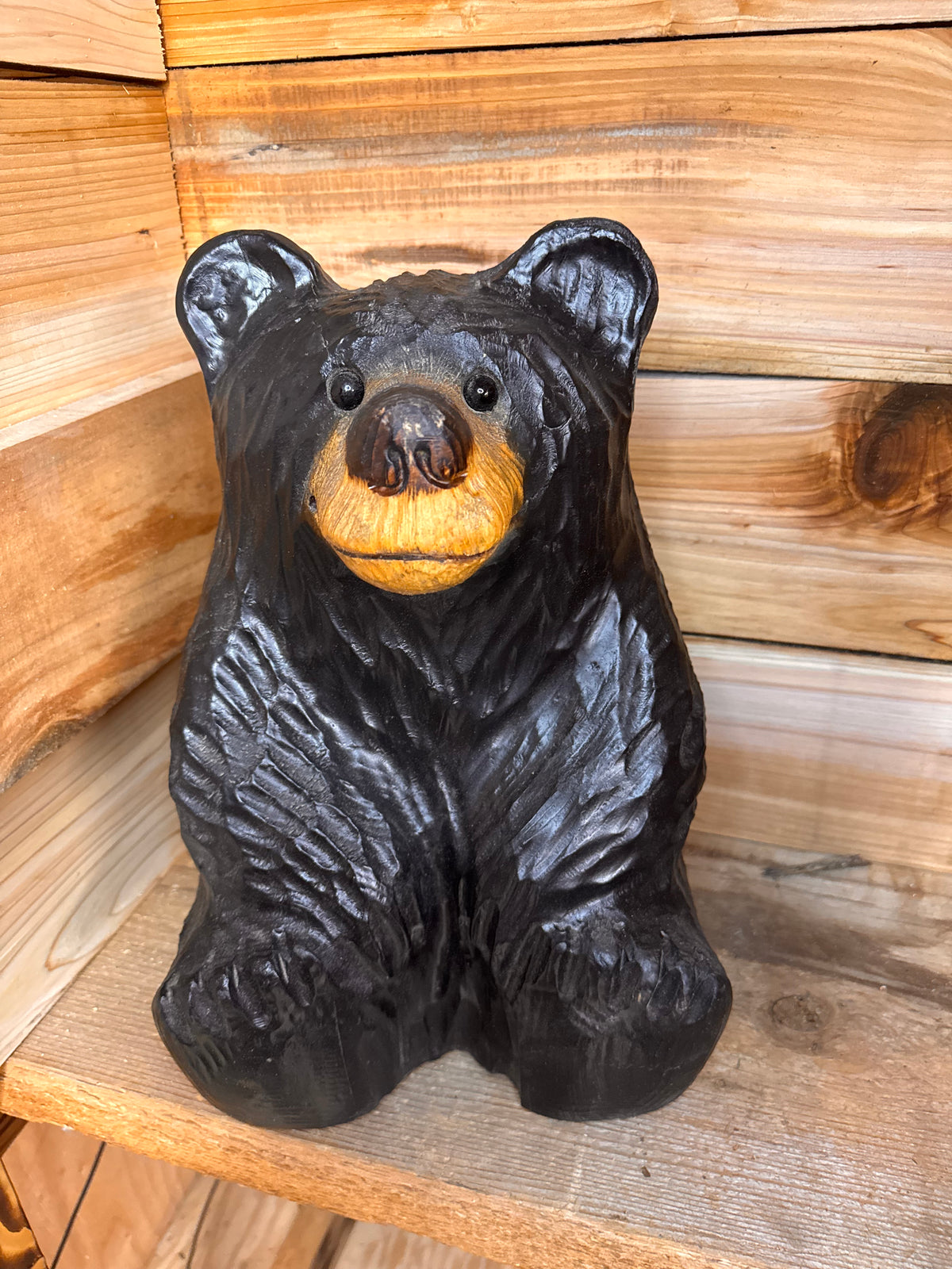 Handcrafted Wood Carved Sitting Bear - 15 Inches Tall, Looking Straight Ahead - Black