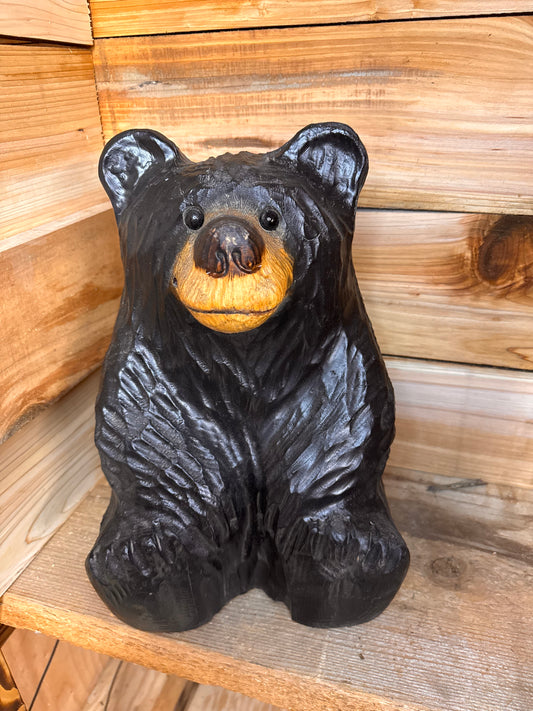 Handcrafted Wood Carved Sitting Bear - 15 Inches Tall, Looking Straight Ahead - Black