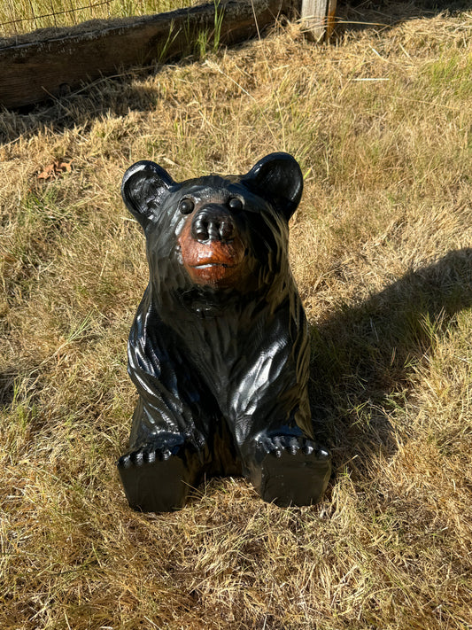 Hand-Carved Wood Bear Sitting and Looking Up - Unique Rustic Decor, 15 inches Tall - Black