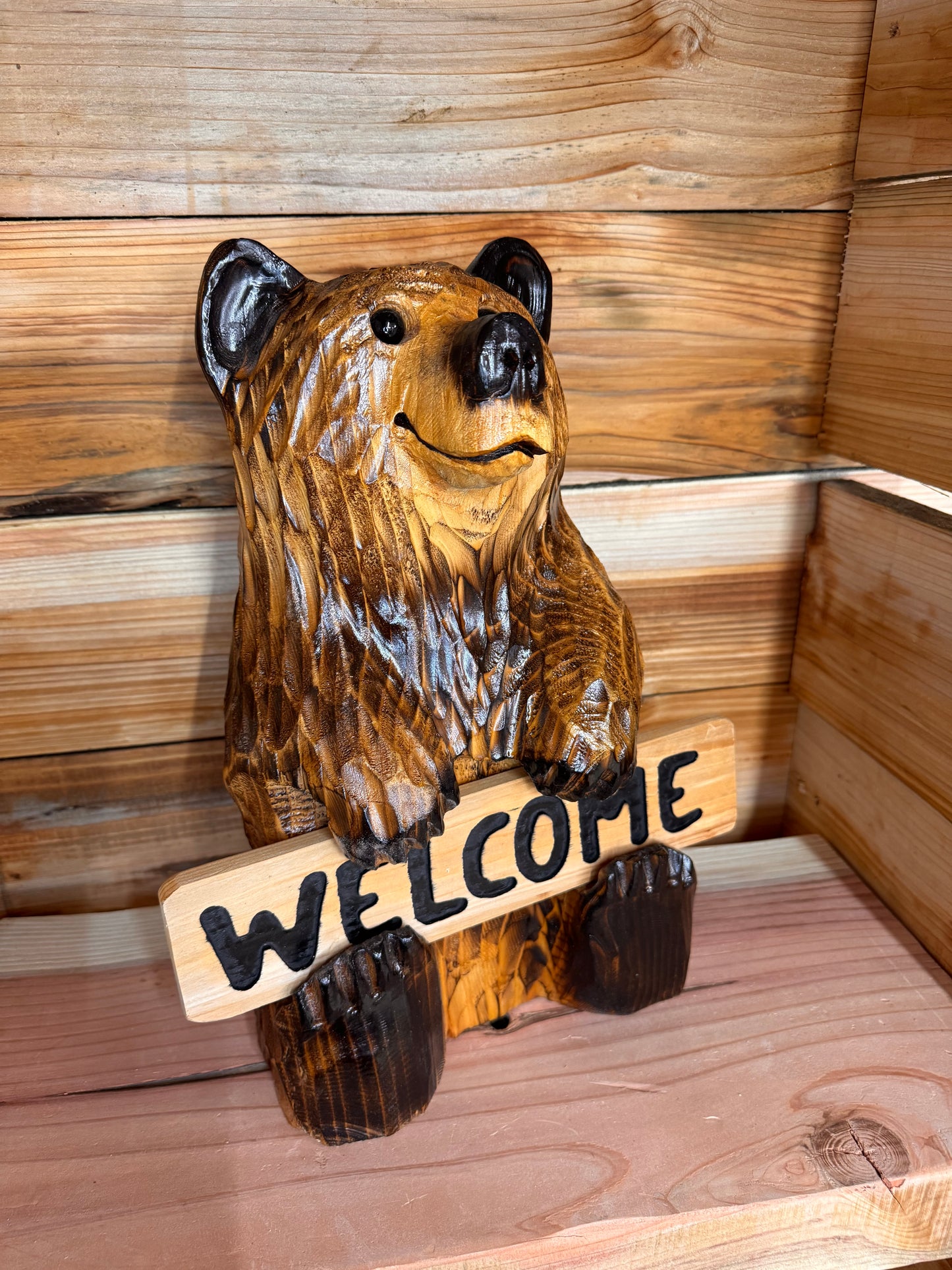 Wood Carved Bear Holding Welcome/Go Away Sign - Customizable, 15 Inches Tall - Brown