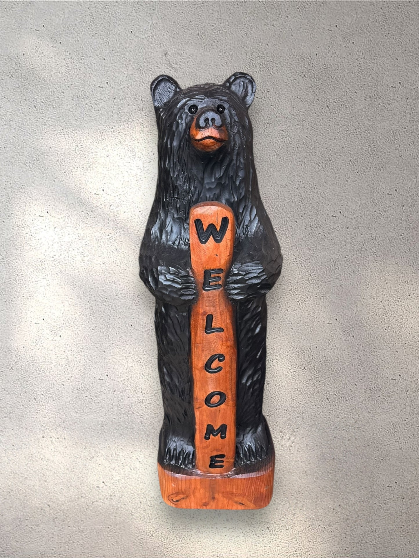 Hand-Carved Wood Bear Black with Welcome Sign - 48 Inches, Perfect for Entryways