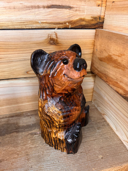 Wood Carved Sitting Bear 12" - Brown