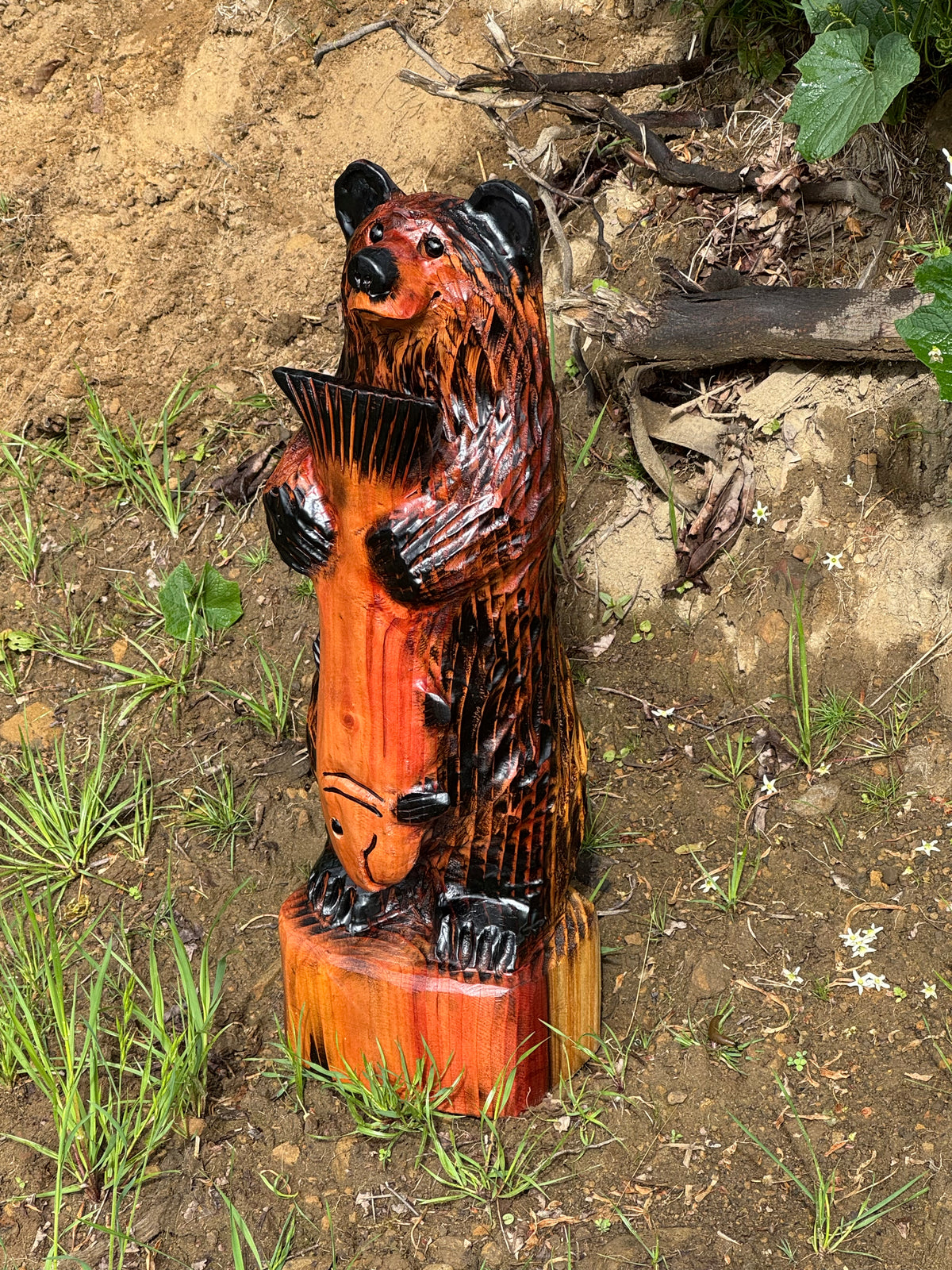 Handcrafted Wooden Bear with Fish 24" - Brown