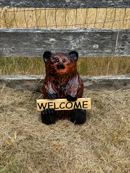 Wood Carved Bear Holding Welcome/Go Away Sign - Customizable, 15 Inches Tall - Brown