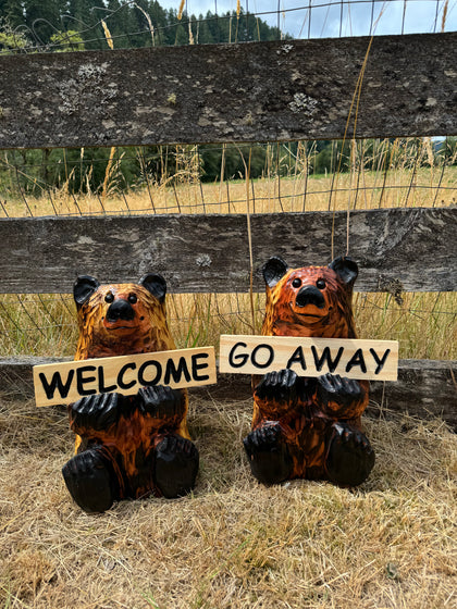 Wood Carved Bear Holding Sign 15