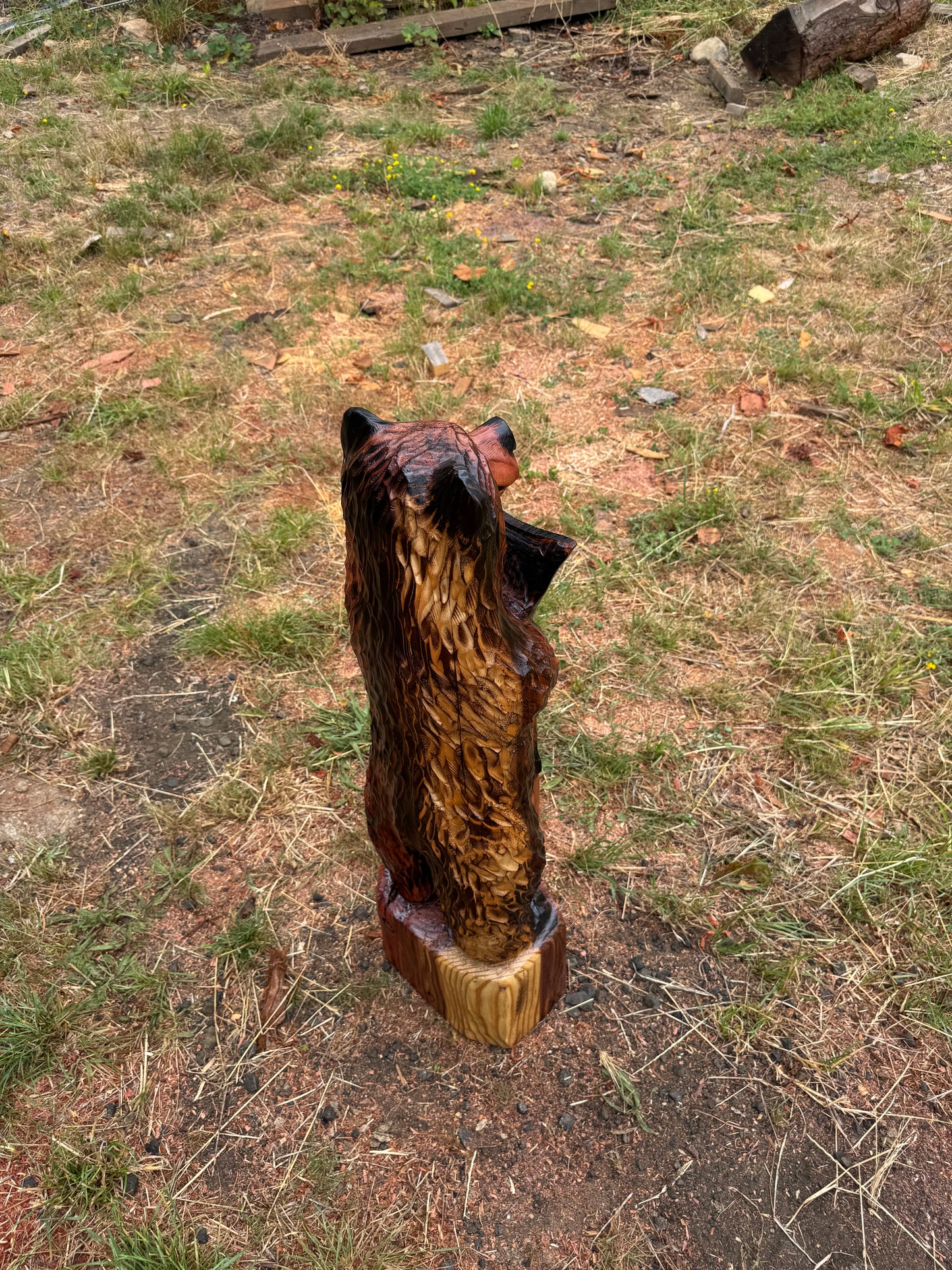 Chainsaw Carved Brown Bear Holding a Fish - Redwood - 32 inches