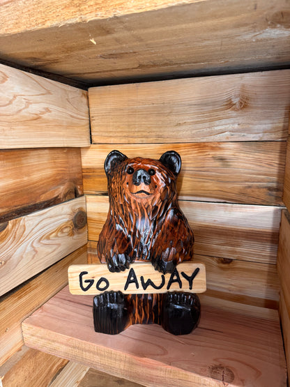 Wood Carved Bear Holding Welcome/Go Away Sign - Customizable, 15 Inches Tall - Brown