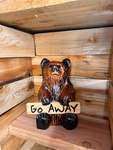 Wood Carved Bear Holding Welcome/Go Away Sign - Customizable, 15
