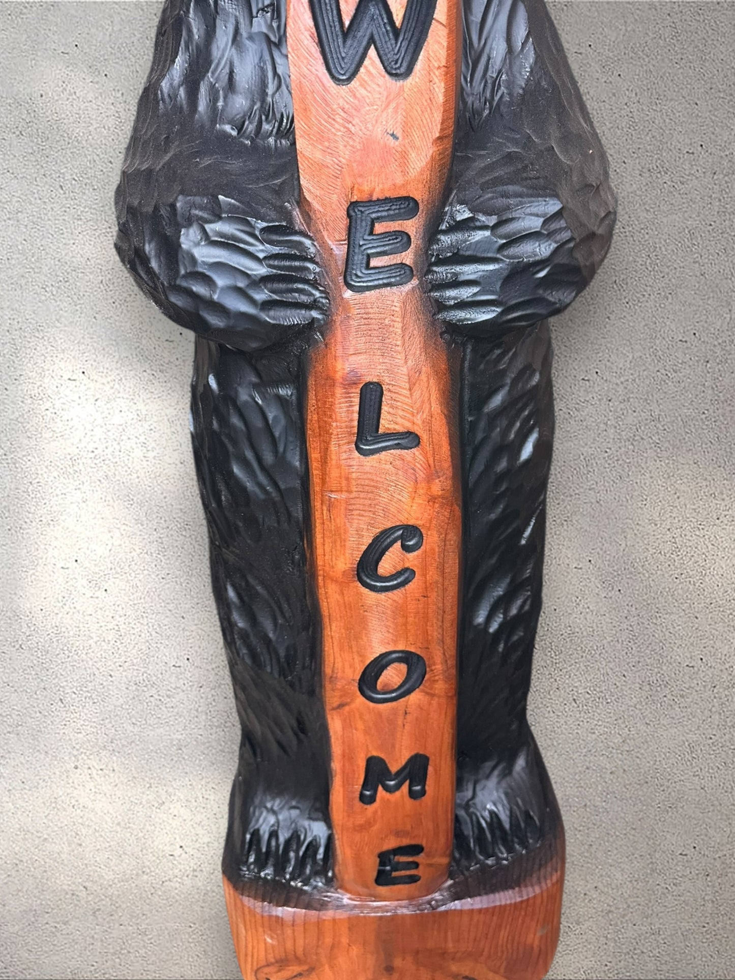 Hand-Carved Wood Bear Black with Welcome Sign - 48 Inches, Perfect for Entryways