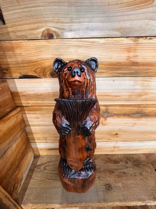 Handcrafted Wooden Bear with Fish 30" - Brown