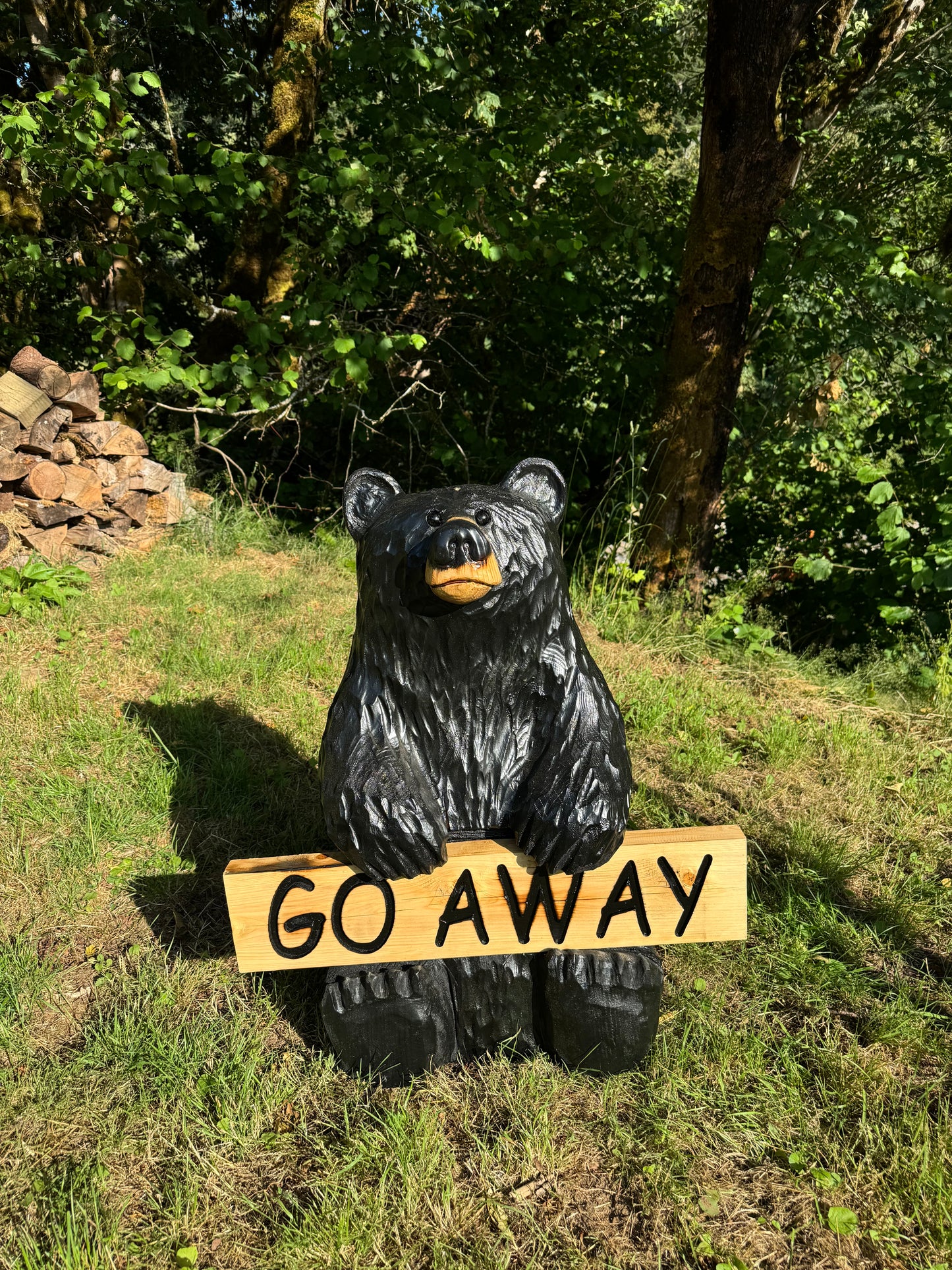 Wood-Carved 30" Bear with Reversible Welcome Sign - Customizable