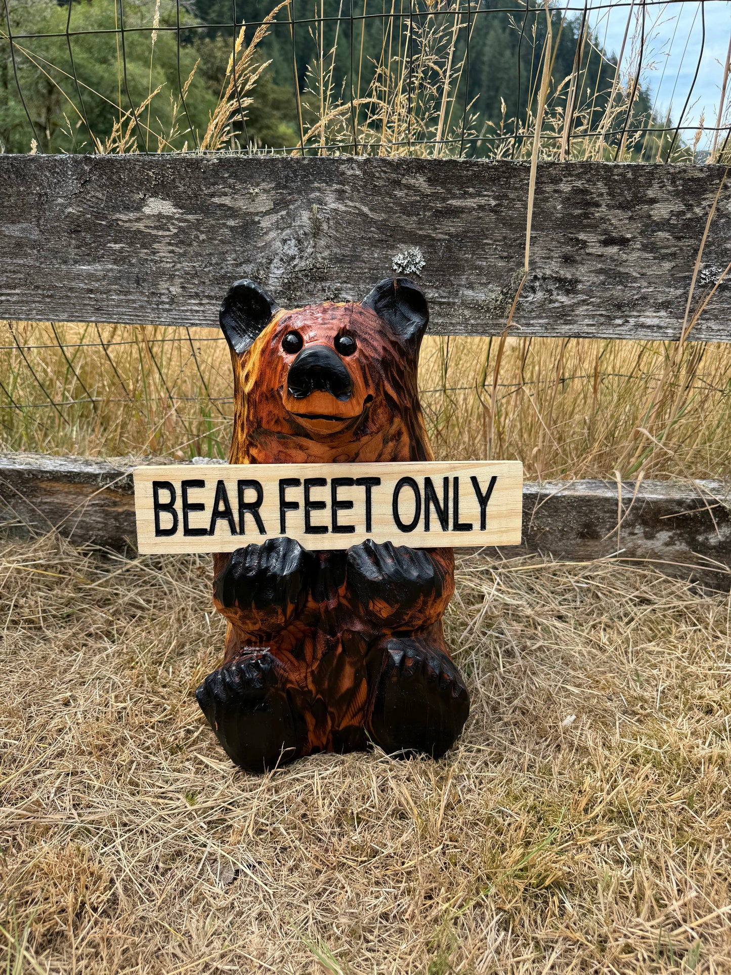 Wood Carved Bear Holding Sign 15" - Customizable - Brown