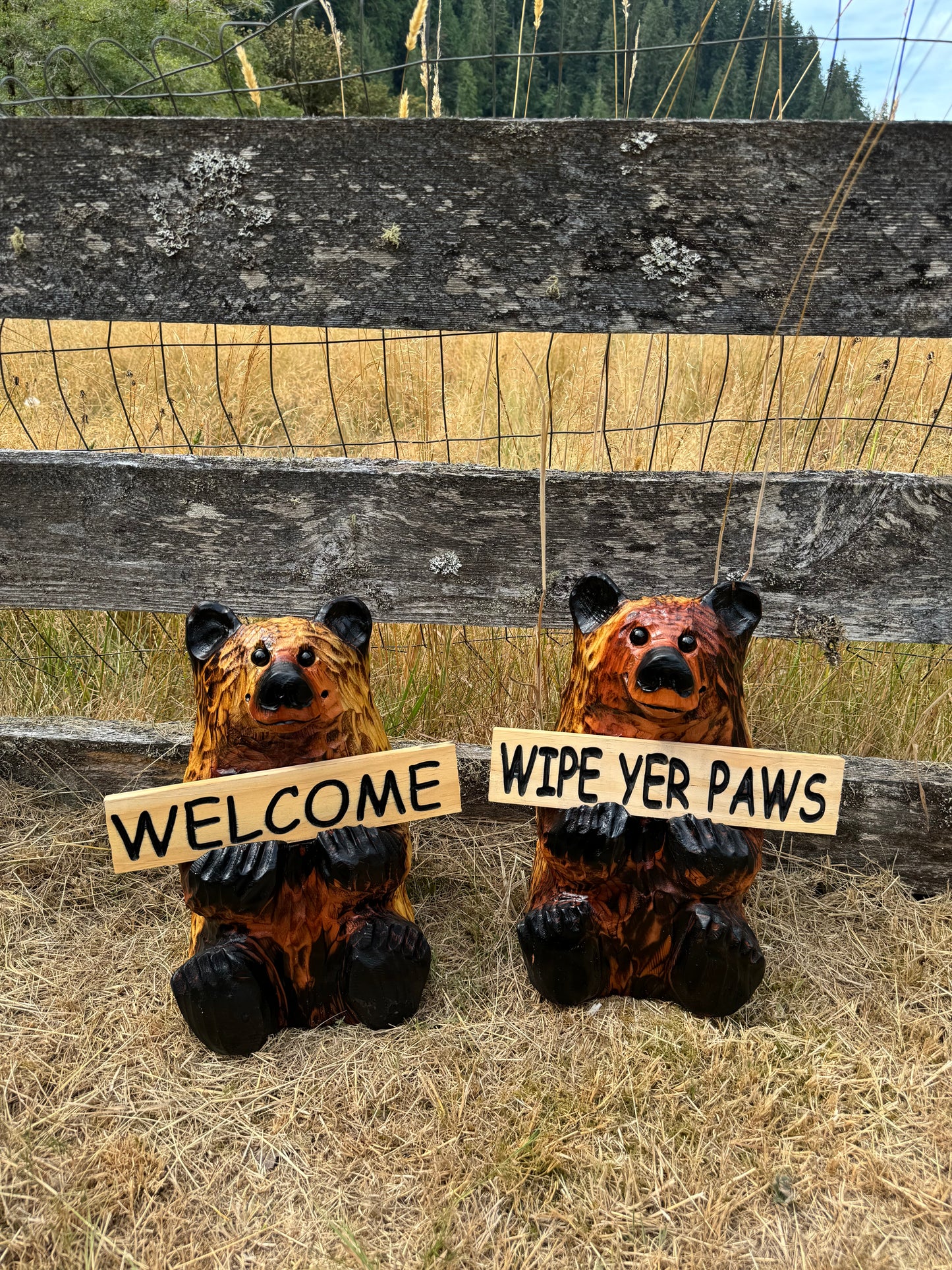 Wood Carved Bear Holding Sign 15" - Customizable - Brown