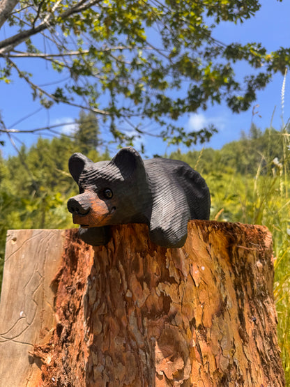 Chainsaw Carved Black Mantle Bear with Hanging Paws – 10”