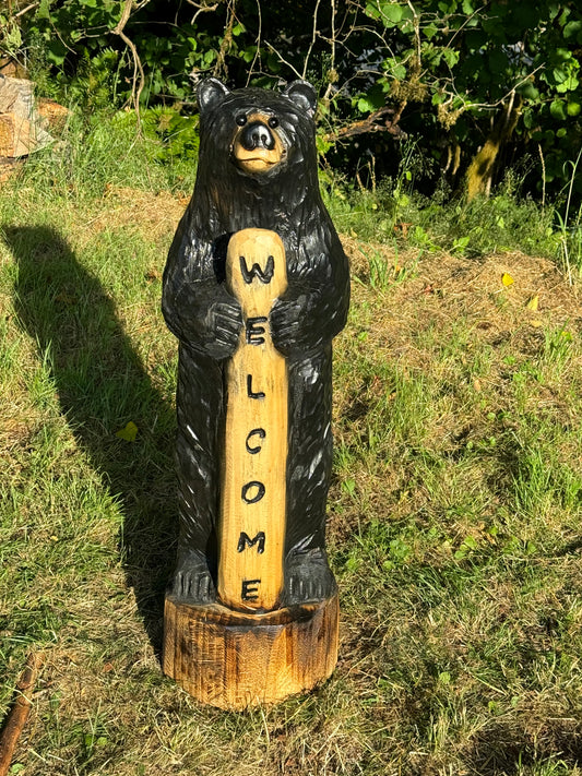 Chainsaw Carved Welcome Bear 36" Black