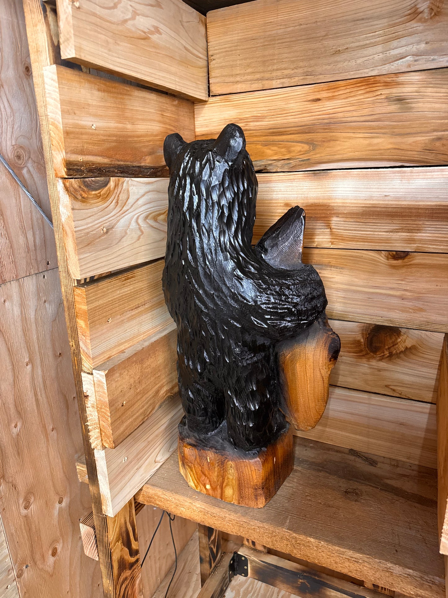 Wood Carved Bear with Fish - 24" - Black