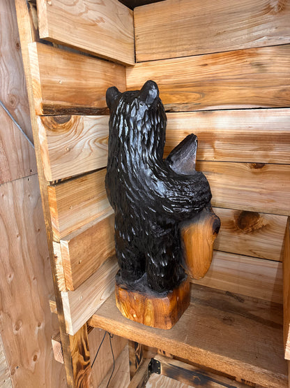 Wood Carved Bear with Fish - 24" - Black