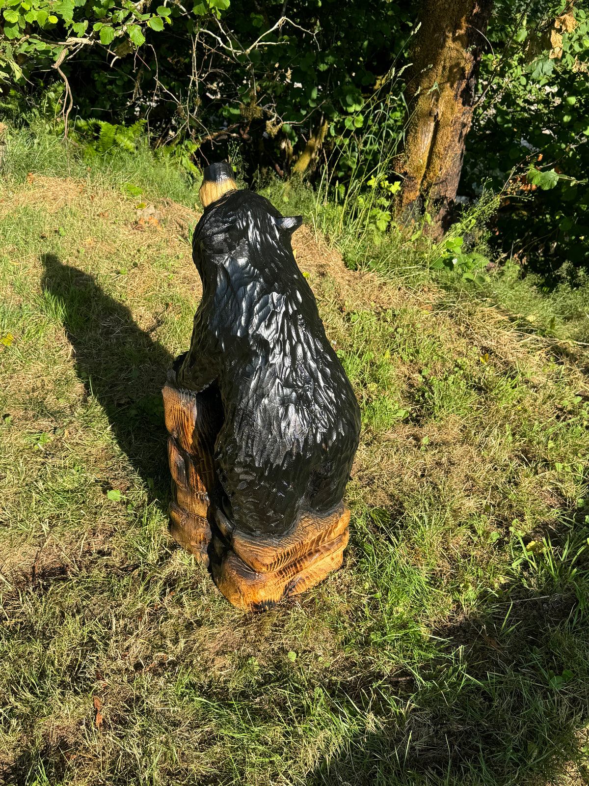 Chainsaw Carved 32” Brown Bear Standing on Rock Base