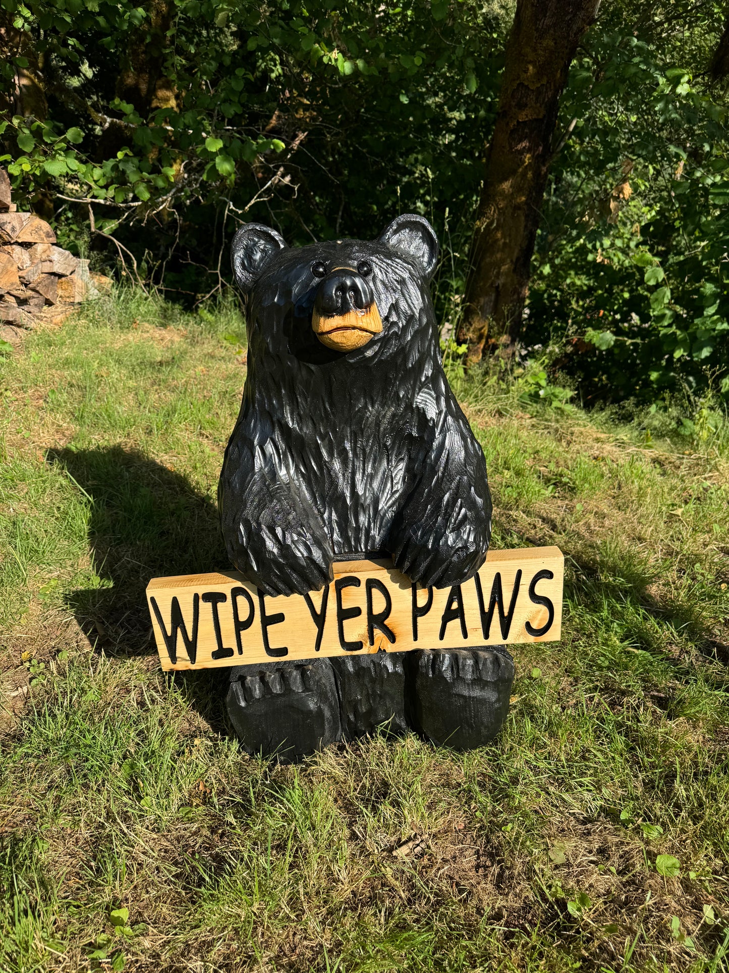 Wood-Carved 30" Bear with Reversible Welcome Sign - Customizable