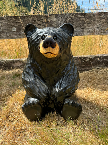 Handcrafted Wood Carved Sitting Bear - 15 Inches Tall, Looking Straight Ahead - Black