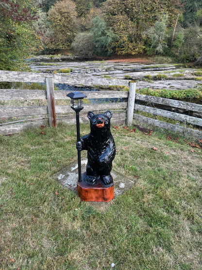 40" Wood Carved Bear with Lantern - Black