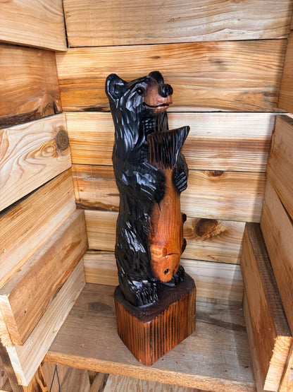 Handcrafted Wooden Bear with Fish 28" - Black