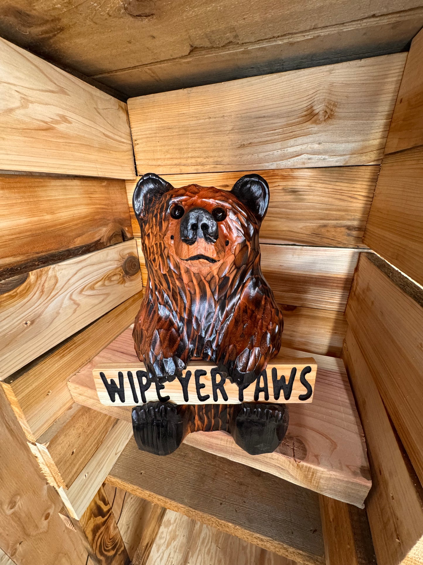 Wood Carved Bear Holding Welcome/Go Away Sign - Customizable, 15 Inches Tall - Brown